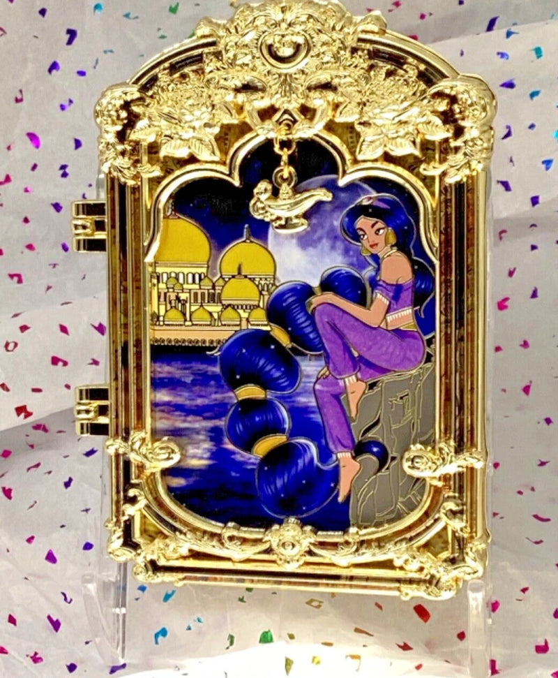 Aladdin & Jasmine Fantasy Pin, Gold Frame With Lamp Charm Charms