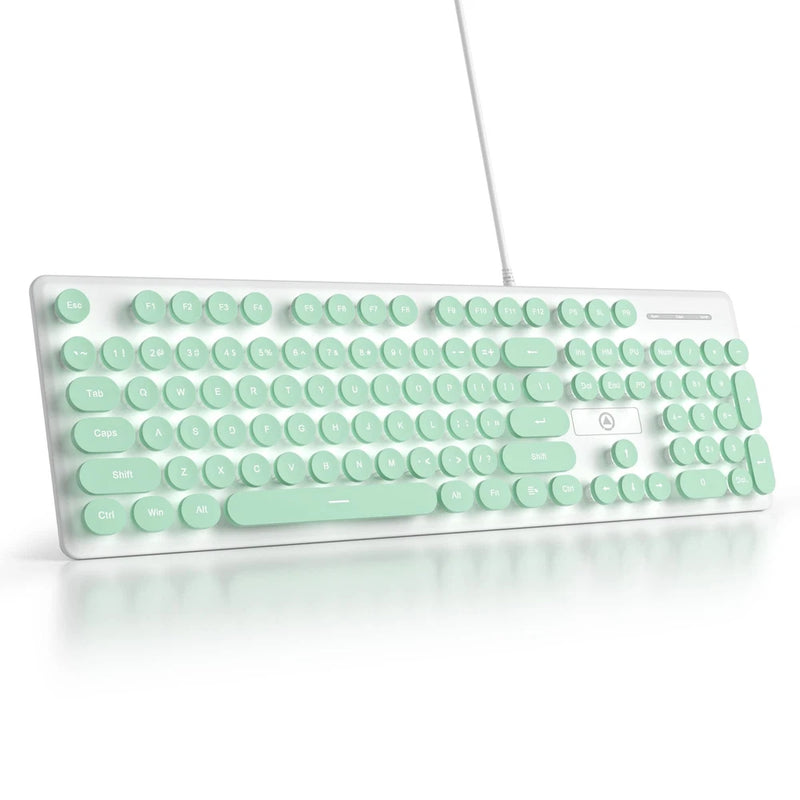 Cute Quiet Keyboard Wired Green Typewriter Light Up Backlit Round Key 104 Model