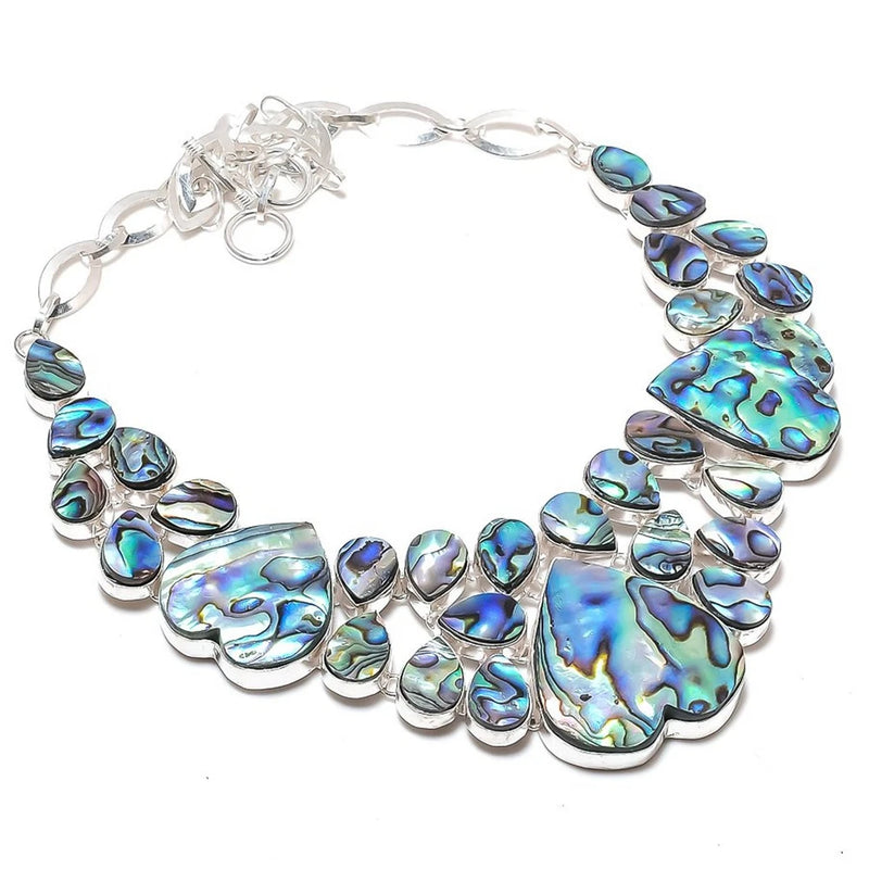Natural Abalone Shell Necklace Silver Tone Cabochon Pendant 18" Gemstone Jewelry Charms