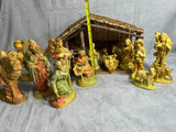 Vtg Hand Painted Nativity Set 15 Figurines with Wooden Stable Christmas Manger Model