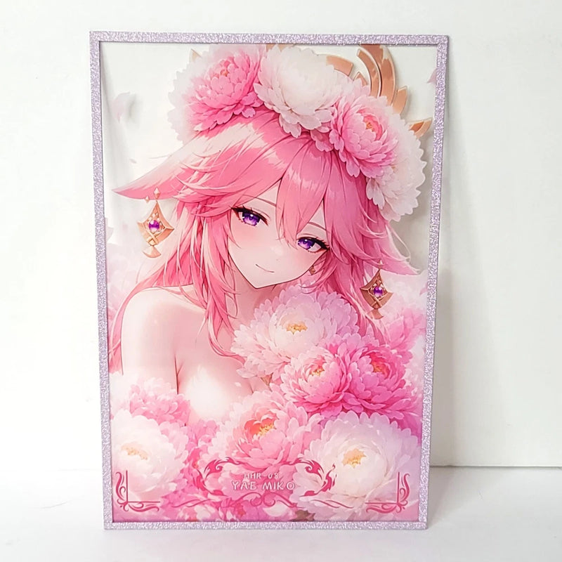 Yae Miko Pink Roses Clear Waifu Card Anime Girl Wall Art Oversized Board A5 Model
