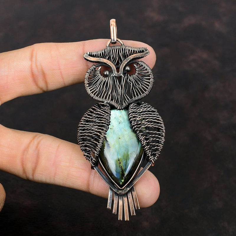 Labradorite Gemstone Jewelry Copper Mother Gift Wire Wrapped Owl Pendant 3.62" Charms