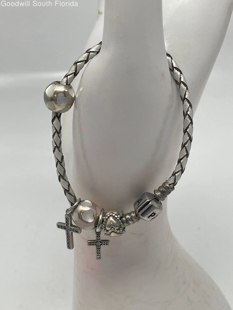 Pandora Silver 925 ALE Leather Bracelet with Charms Weight 15.3g Charms