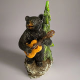 Black Bear Playing Guitar Figurine Musical Wildlife Pine Tree Realistic Decor Model