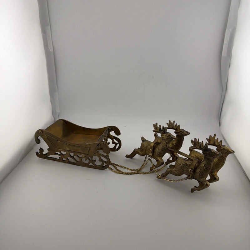 Vintage Solid Brass 4 Reindeer with Santa¡¯s Sleigh Tabletop Display Model