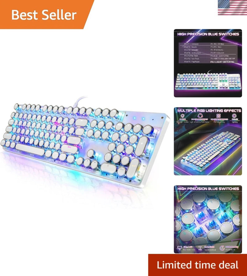Vintage Typewriter Gaming Keyboard - 104 Keys RGB Backlit with Blue Switches Model