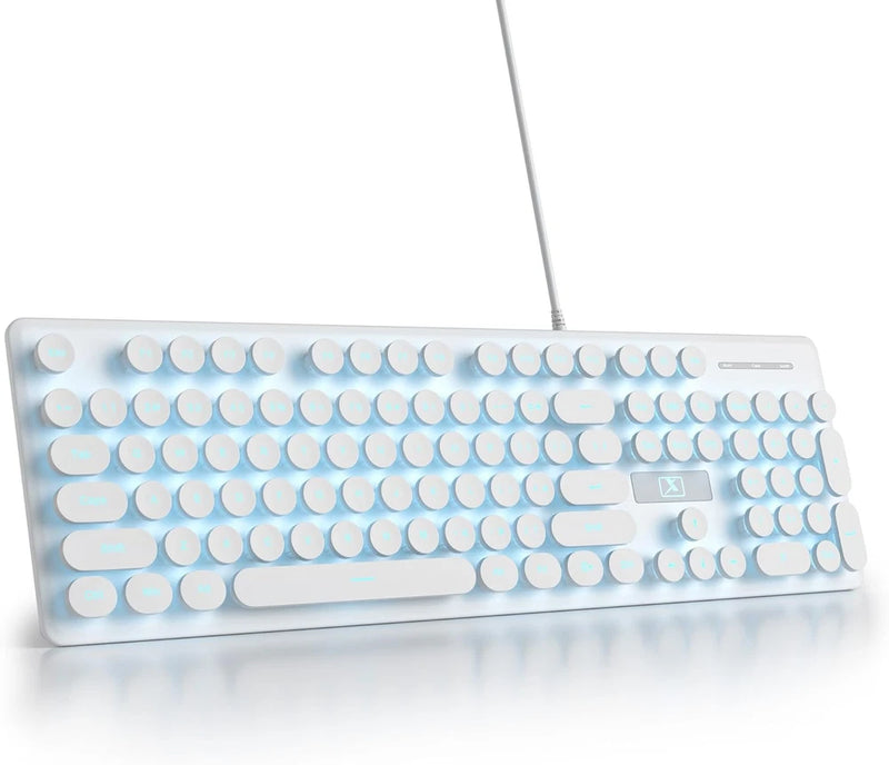 Wired Quiet Membrane Keyboard,Full Size 104-Keys Retro Punk Typewriter White Model