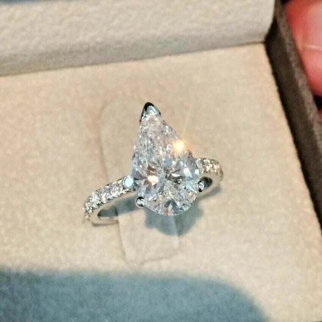 2 Ct Pear Cut Lab Created Diamond Solitaire Wedding Ring 14K White Gold Plated Charms