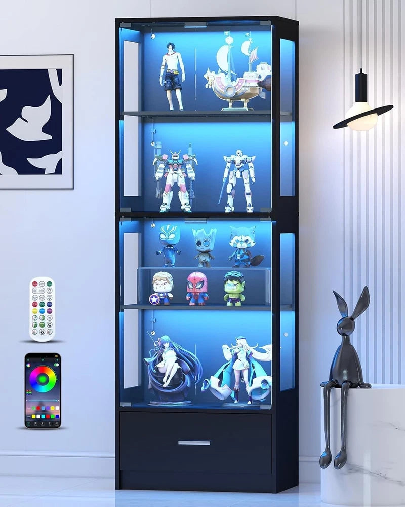 Minifigures Display Case Narrow 4 Tier LED Light Figure Diecast Glass Cabinet Model