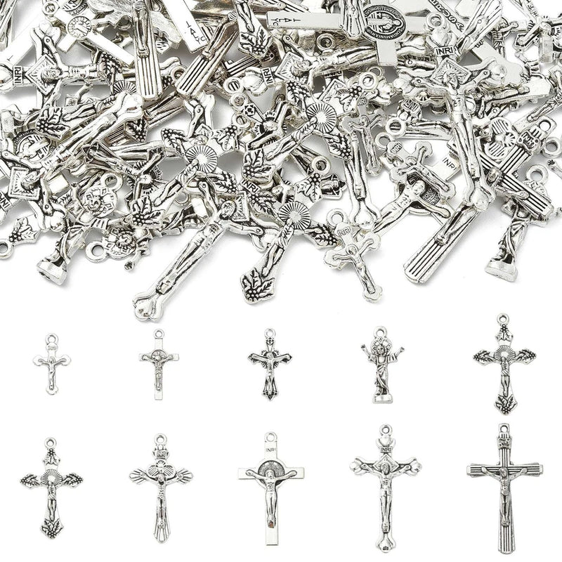 100pcs Tibetan Cross Pendants Silver Religious Charms Vintage Crucifix  Charms Charms