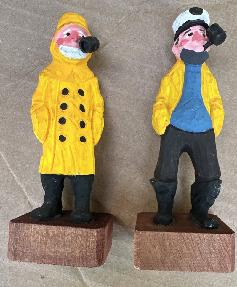 Vintage Hand Carved Wooden Sea Captain & Fisherman Nautical Figurines Folk Art Model