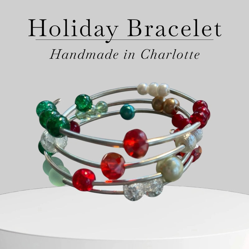 Handmade Holiday Christmas Bracelet Red Green White Pearl Memory Wire Charms