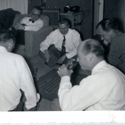 c1950s Men Playing Board Game Drinking Snapshot Photo Living Room Gathering Vtg Model