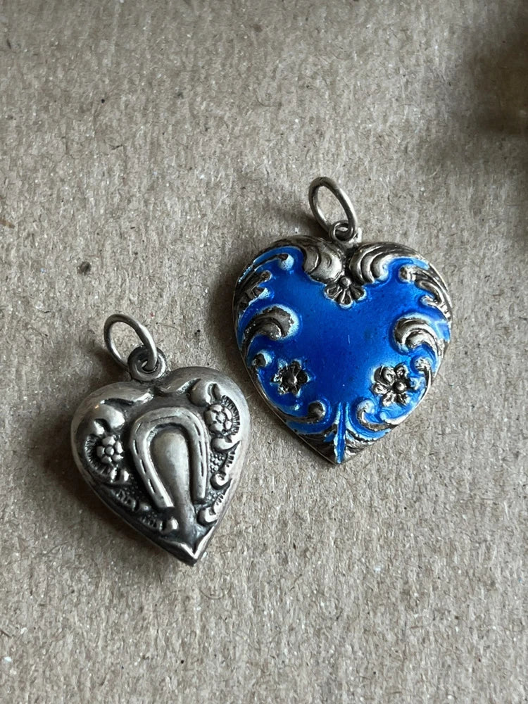 2 pc VINTAGE CHARM LOT PUFFY HEART Horseshoe &Flatty Blue Enamel STERLING SILVER Charms