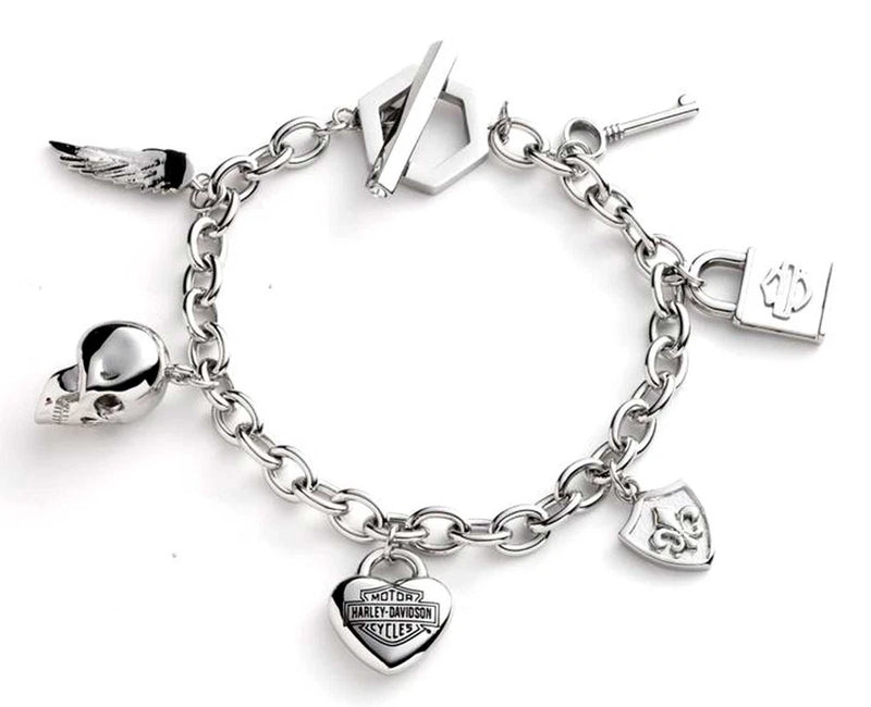 Harley-Davidson Women's 7.5 in. Logo & Motif Charm Toggle Bracelet - Silver Charms