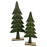 Christmas Tree Embroidered Wool Felt Pine Figurine Displays Wood Base Set of 2, Model