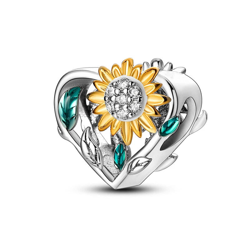 MULA European Sunflower Heart DIY Charm AAA CZ For Bracelet 925 Sterling Silver Charms