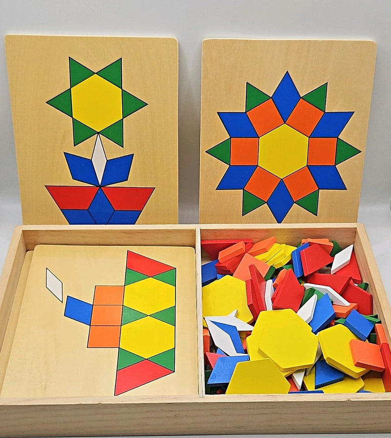 Wooden Geometric Pattern Block Puzzle Set w/ 5 Picture Boards, Color Pieces Model