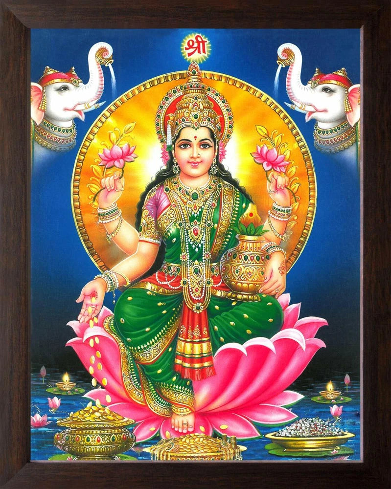 Maa Laxmi Showering Money with Pair of Elephant Religious Print In Wooden Frame Model