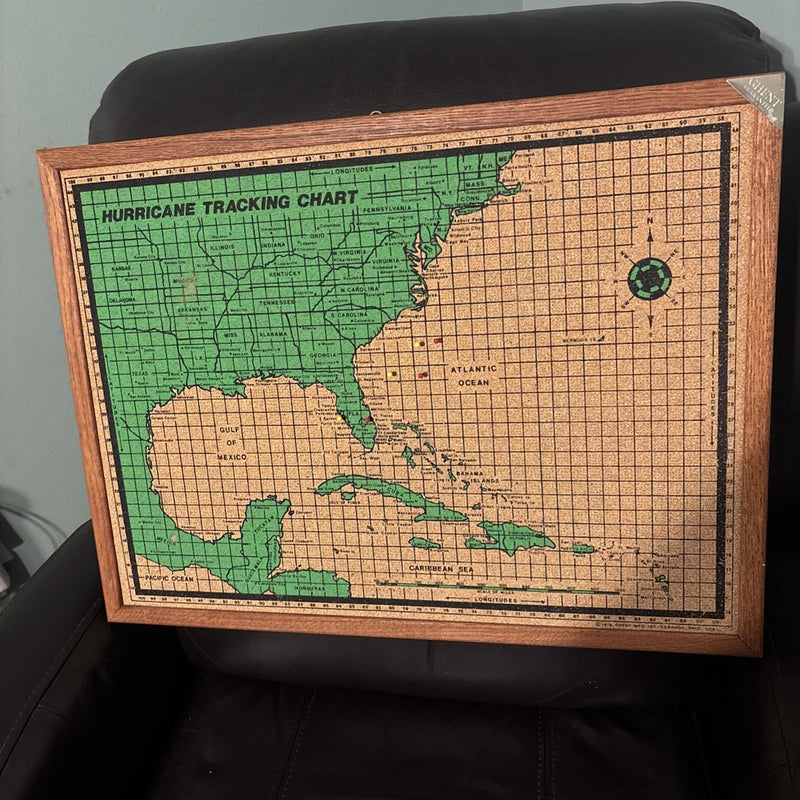 Vintage 24" x 18" 1979 Ghent Hurricane Tracking Chart-Push Pin Cork Board-Framed Model