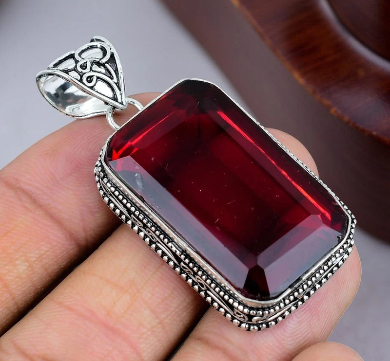 Mozambique Garnet Gemstone Handmade 925 Sterling Silver Jewelry Pendant 2.10" Charms