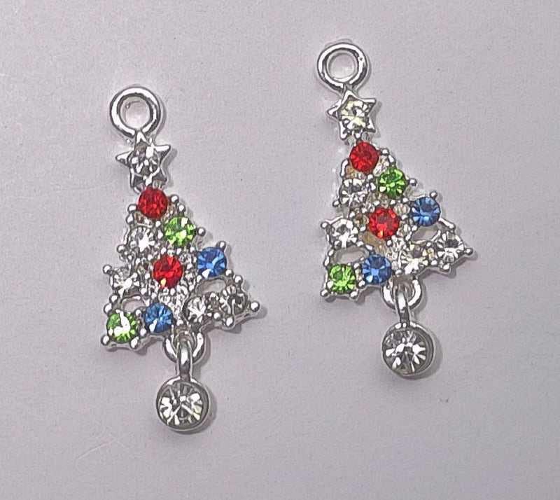 6 PCS   CHRISTMAS TREE  CHARMS  SILVER PLATED  WITH CZ'S  25X12MM Charms
