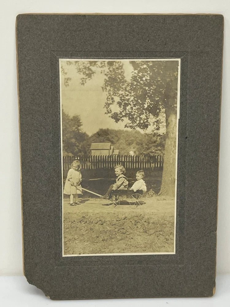 PHOTO ON BOARD Girl Pulling Kids in Wagon Antique Cabinet Card Model