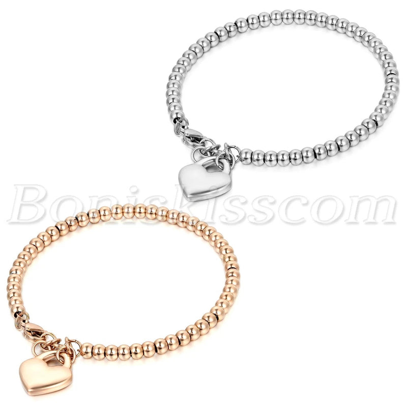 Women Exquisite Polish Stainless Steel Heart Charms Pendant Beads Chain Bracelet Charms