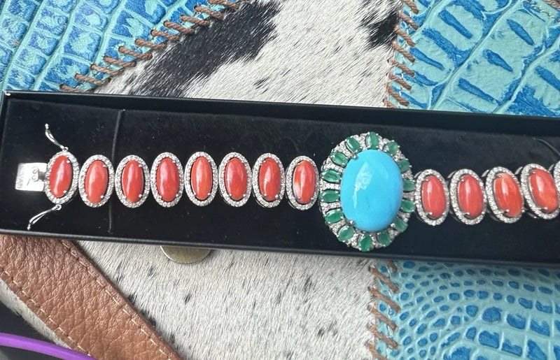 Bracelet: Emerald, Diamond, Turquoise and Coral Charm Bracelet, Silver, 7" Charms