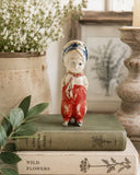 Vintage 1930s Japan Bisque Ceramic Boy Figurine Red Overalls Blue Cap Miniature Model