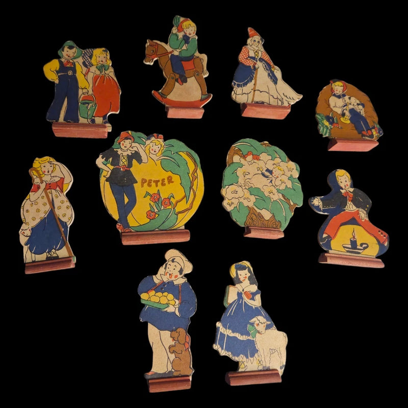 10 Vtg Mother Goose Nursery Rhymes Figures Cardboard Cutout w Stands 1940s Retro Model