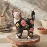 Ceramic Cat Figurine with Hand Painted Pink Flowers & Beaded Wire Whiskers Model