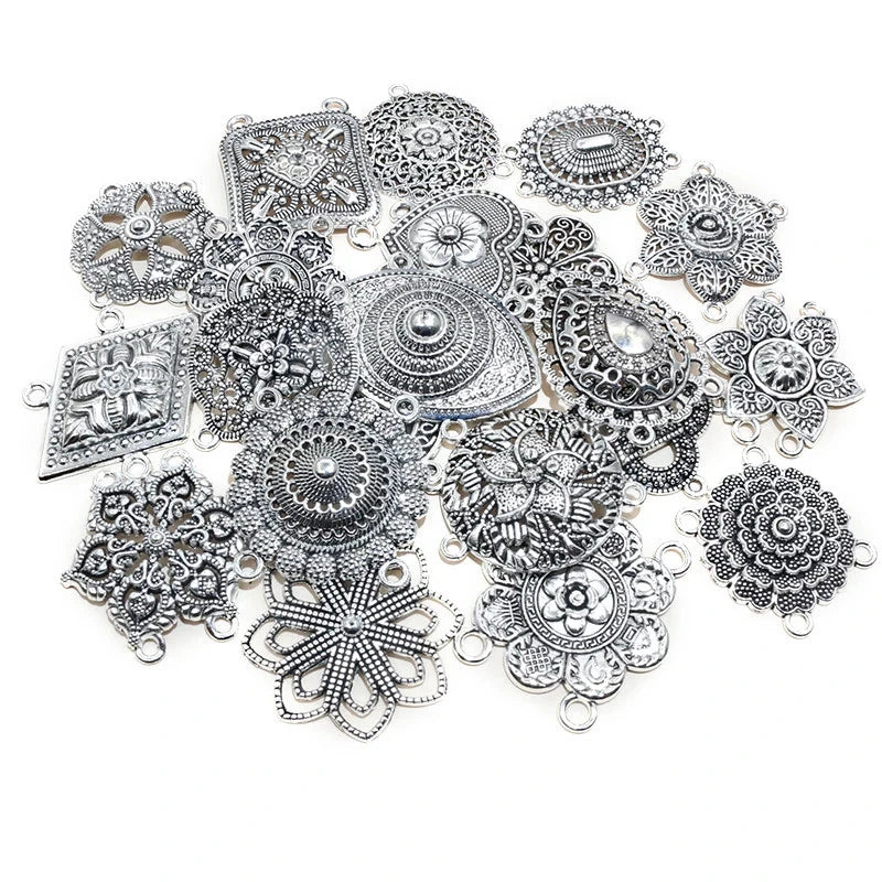 10pc Antique Silver Plated Flower Connector Charms Pendant DIY Necklace Jewelry Charms