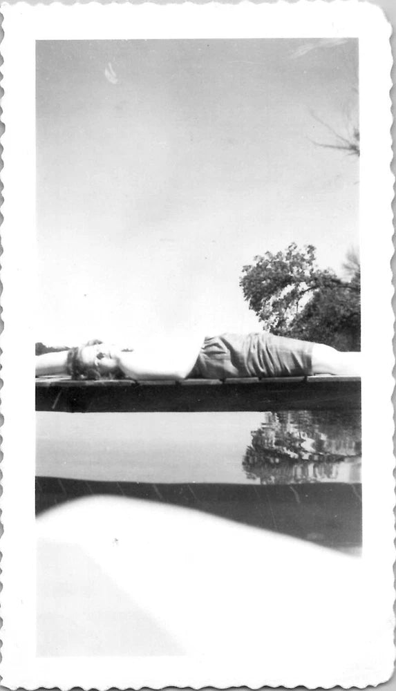 Sensual Woman Sunbathing on Wood Plank Dock Snapshot 1940s Vintage Photo Model