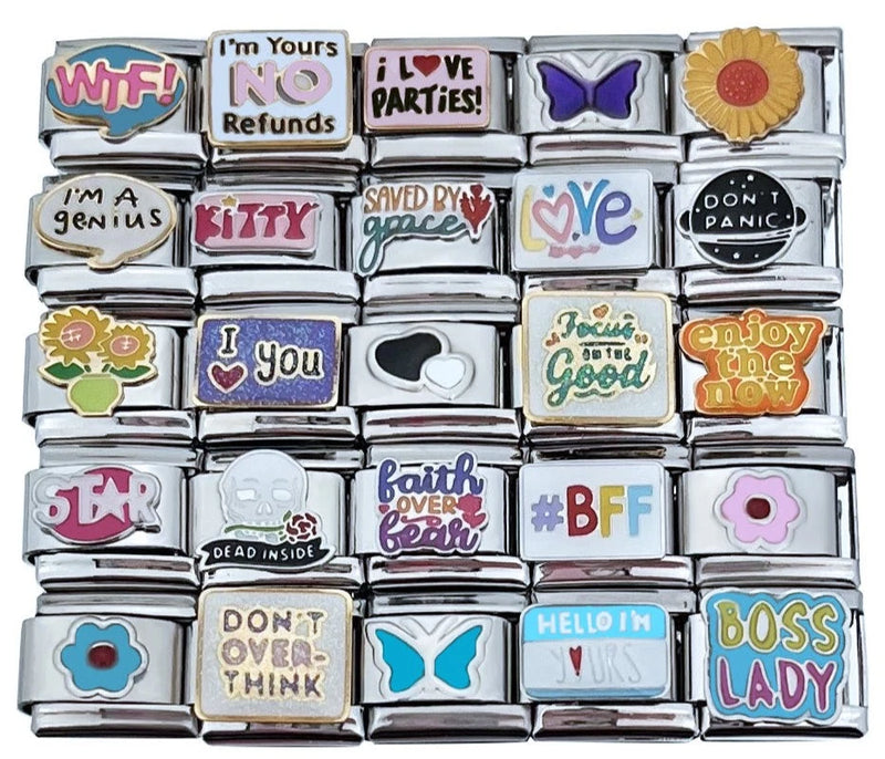 9mm Italian Charms Assorted Words & Sayings Cars Butterfly Flower Glitter Col#18 Charms