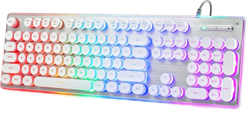 Typewriter Style Keyboard with Metal Panel, Rainbow LED Backlit, Round White Model