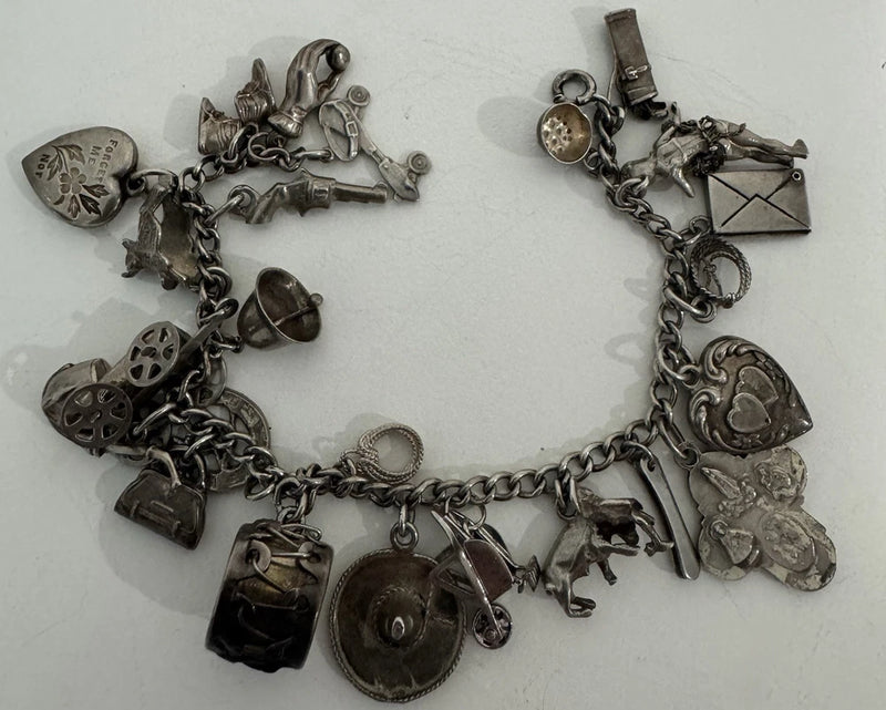 VTG 23 Sterling Puffy Heart & Moveable & Fun Charms Bracelet Sold As Is Charms