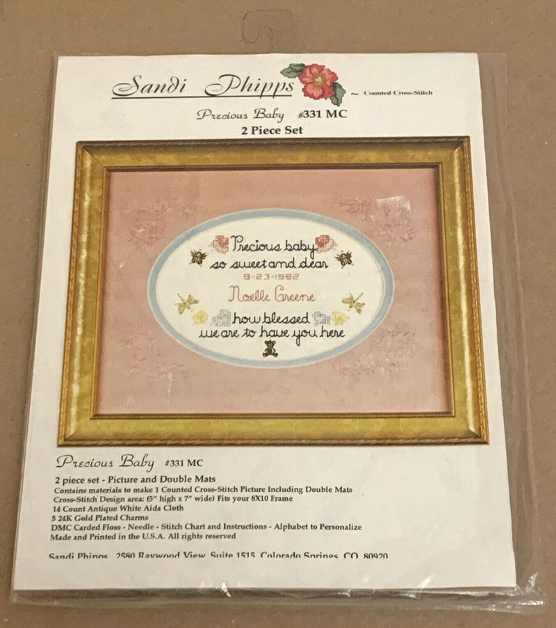 Sandi Phipps "Precious Baby" Personalized Cross Stitch Kit w/ Mats & Charms NIP Model