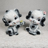 Vintage Anthropomorphic Puppy Dog Figurine Pair Ceramic Blk White Flower Kitschy Model