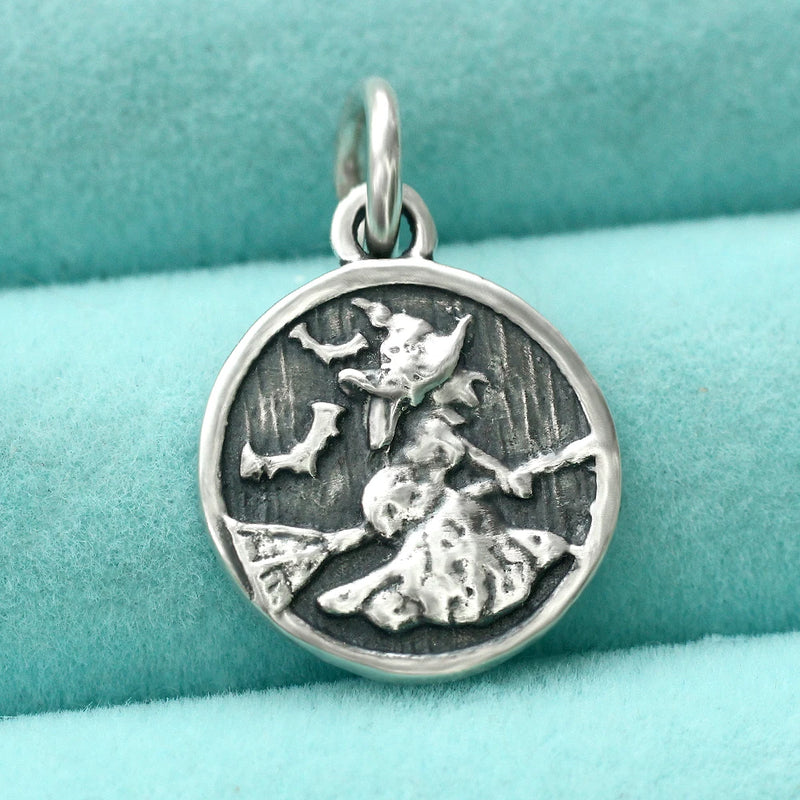 Magical Witch Flying Broom Bat Charm Pendant In 925 Sterling Silver Halloween Charms