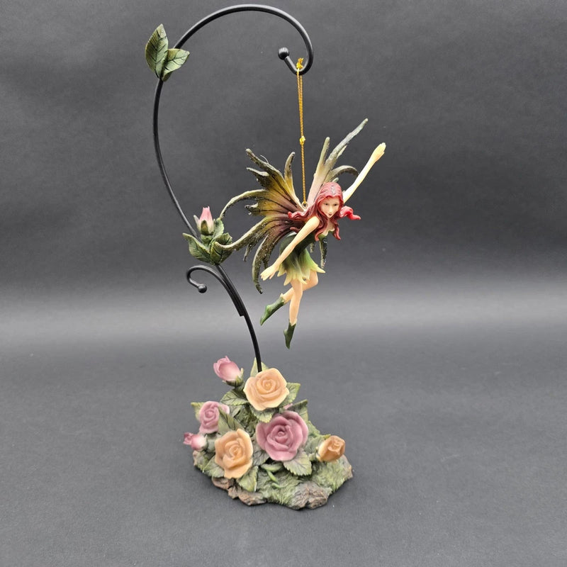 Fairy Ornament with Rose Garden Display Stand Red Hair Green Dress Fantasy Decor Model