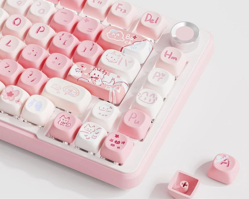 Pink Cute Keycaps, Anime Cat Keycap Set , PBT MOA Profile, Double Shot Model