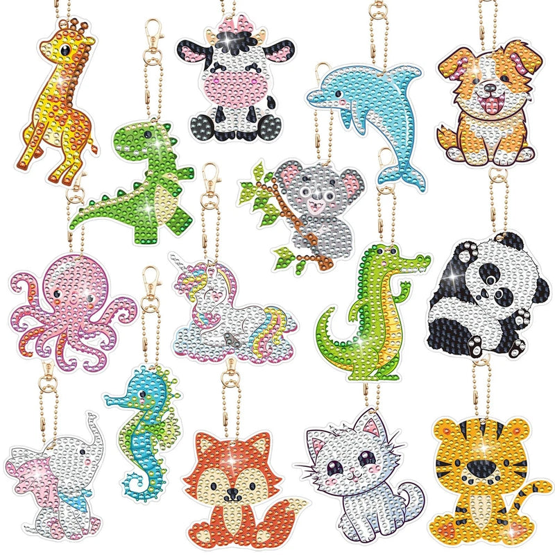 15 PCS DIY 5D Diamond Painting Keychains Animal Art Ornaments Double Side Model