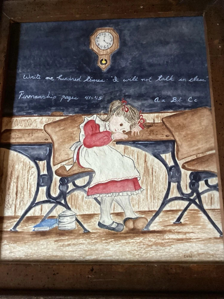 Picture  Art Country Little Girl Desk School Clock  Frame Glass Signed Carol Model