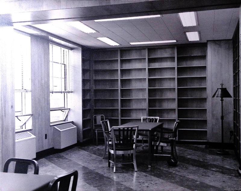 Vintage Art Board Photograph Empty Library Room with Wooden Shelves and Chairs Model