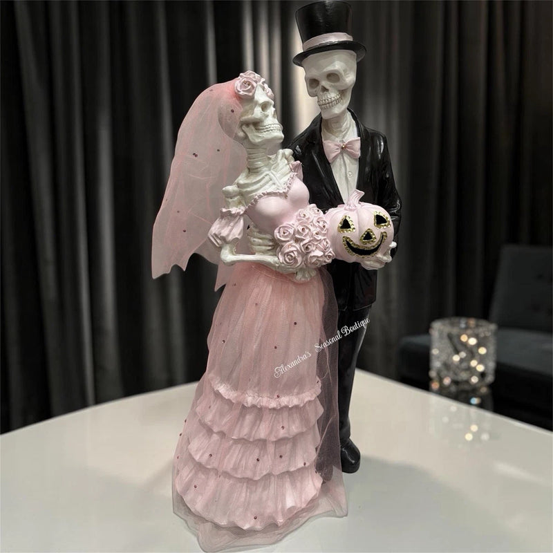 18" Pink Skeleton Bride Groom Wedding Figurine Gothic Halloween Rhinestone New Model
