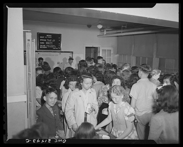 Photo:Crowded School Cafeteria 1930s 1940s Lunch Line Children Menu Board Model