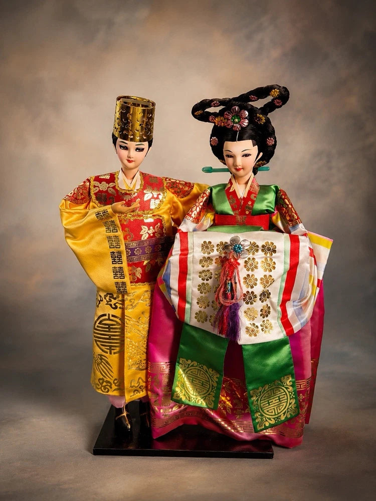 Vintage Korean Wedding Couple Dolls 19¡± Hanbok Satin Robes Display Figurines Model
