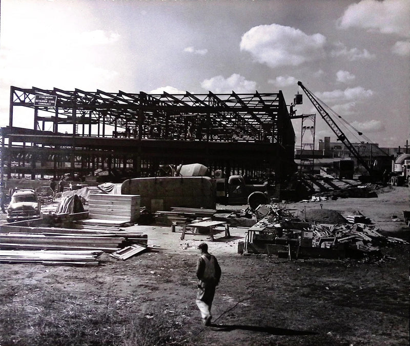 Vintage Art Board Photograph Urban Construction Scene with Lone Walker in Foregr Model