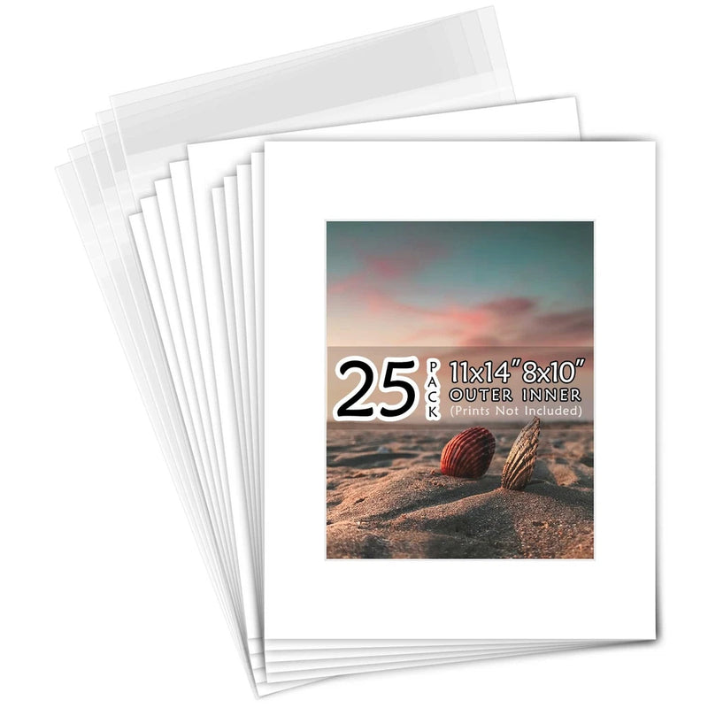 25 Pack White Picture Mats 11x14 for 8x10 Photos with Backing Boards and Bags Model